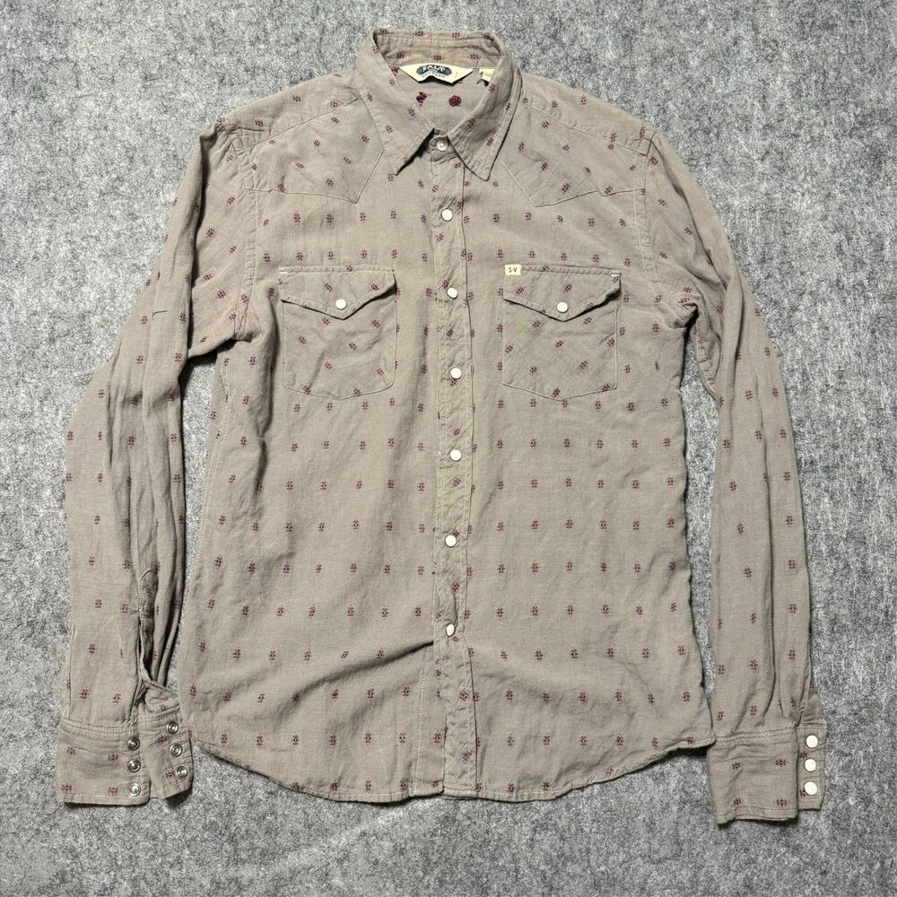 Salt Valley Western Pearl Snap Shirt Mens Medium M Taupe Geometric Urban